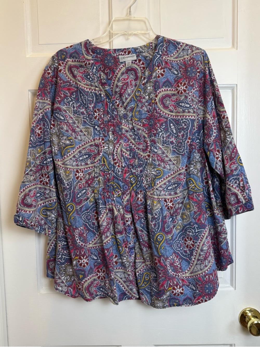 Catherines Blue Paisley Tunic with Pink & Yellow Accents 3/4 Sleeve Cotton 1XWP
